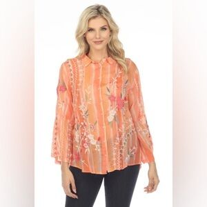 Johnny Was Cherri Floral Embroidered Button Down Shirt Silk Cotton Medium